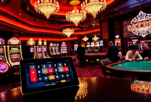Experience the thrill of meilleurs casino en ligne with a vibrant casino scene showcasing luxurious slot machines and poker tables.