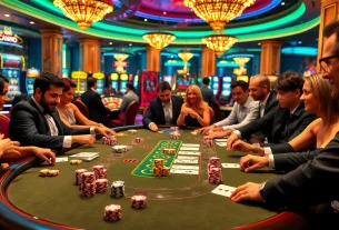 Experience the thrill of meilleurs casino en ligne with players at a blackjack table in an upscale casino.