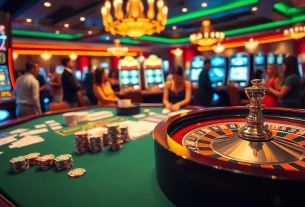 Experience the excitement of meilleur casino en ligne france with vibrant gaming visuals, featuring roulette, poker chips, and engaged players.