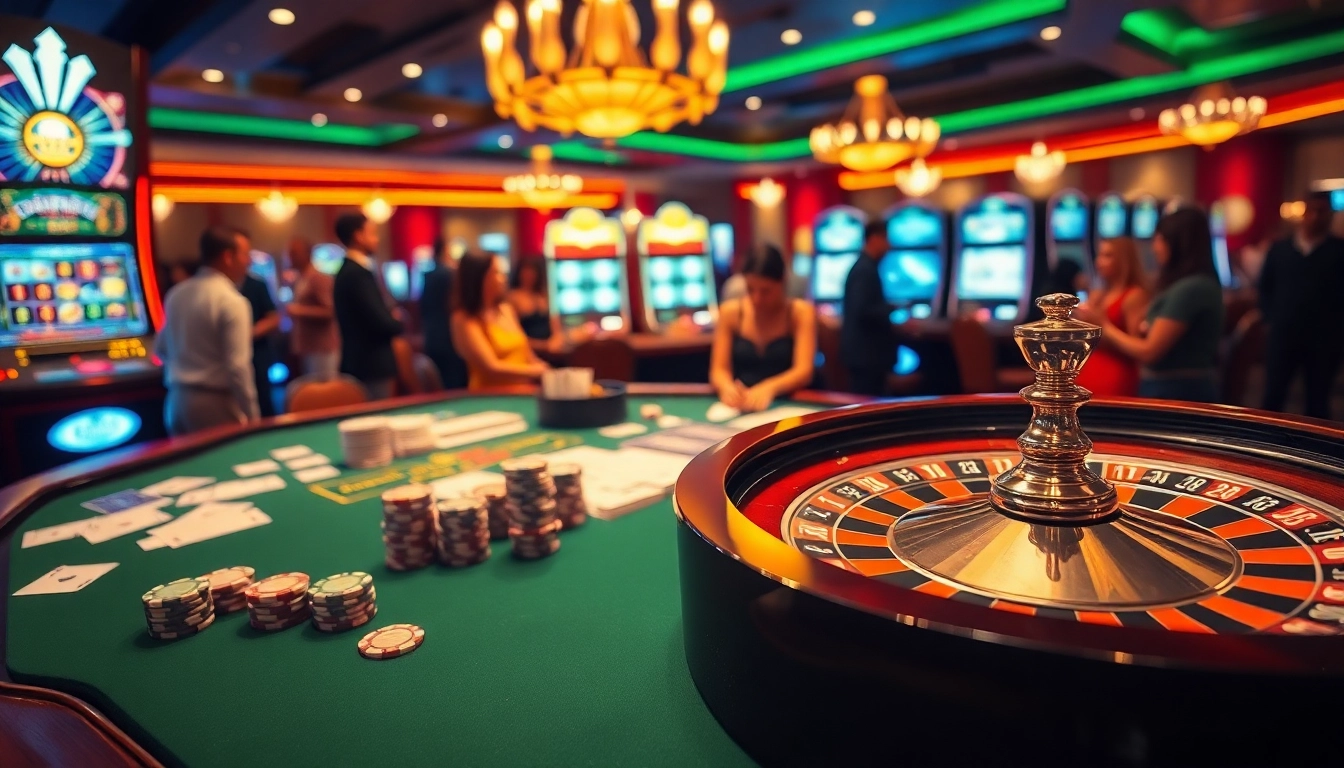 Experience the excitement of meilleur casino en ligne france with vibrant gaming visuals, featuring roulette, poker chips, and engaged players.